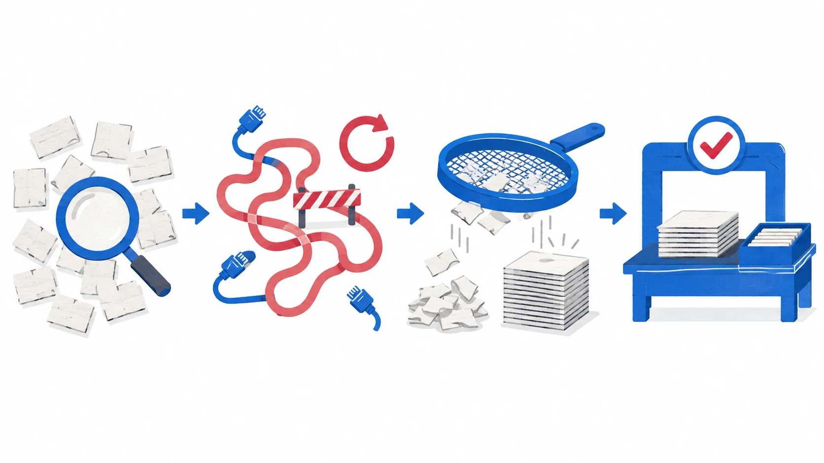 Illustrated collection workflow: research, requests and retries, cleanup, then testing.