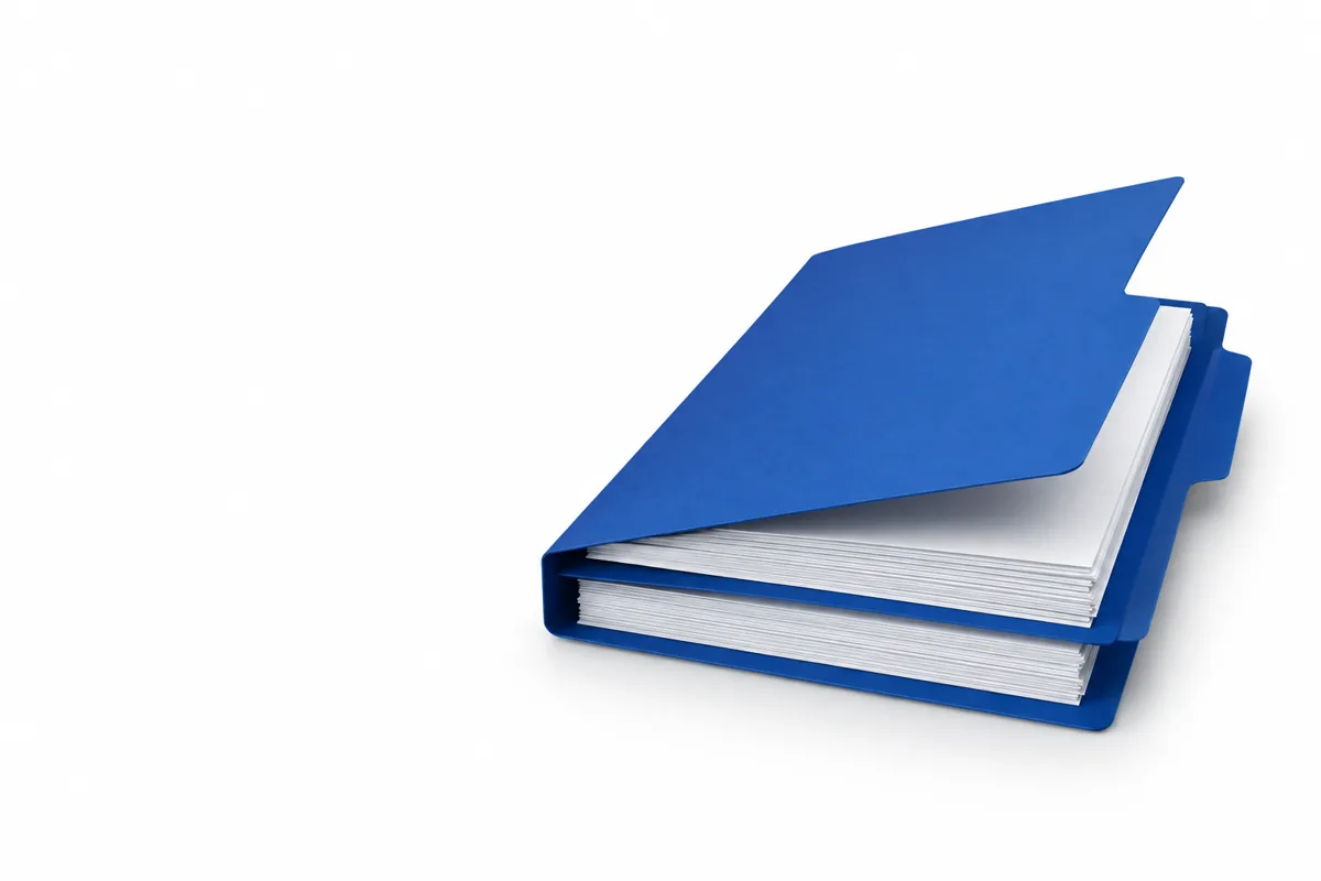 Conceptual blue folder containing orderly stacks of list files